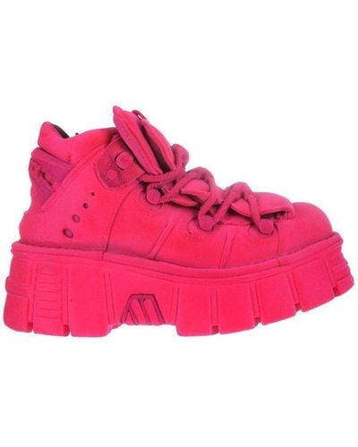 New Rock Flocked Platform Lace-up Trainers - Pink