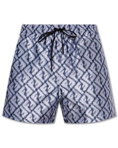 Fendi Ff-logo Printed Drawstring Swim Shorts - Blue