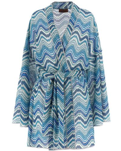 Missoni Zigzag Belted Waist Wrap Knitted Cardigan - Blue