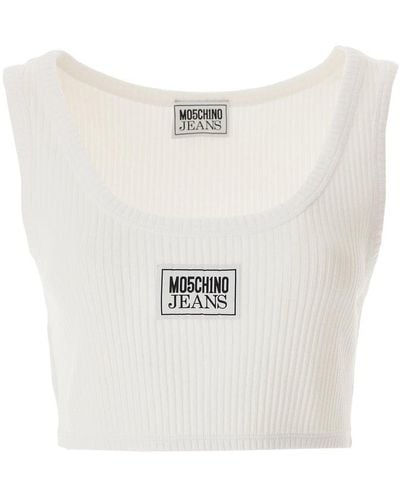 Moschino Jeans Logo Patch Ribbed Cropped Top - White
