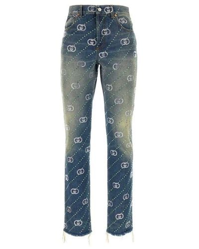 Gucci Interlocking G Crystal-embellished Jeans - Blue