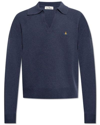 Vivienne Westwood Orb-embroidered Knitted Polo Shirt - Blue