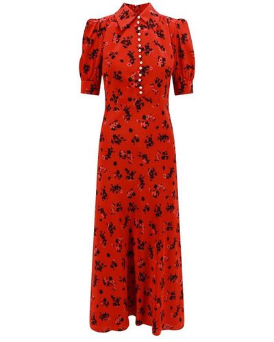 Alessandra Rich Floral-print Fla-hem Silk Midi Dress - Red
