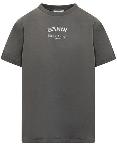 Ganni Grey Cotton T-shirt - Black