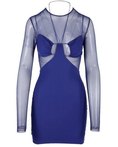 Amazuìn Long Sleeved Sheer Paneled Mini Dress - Blue