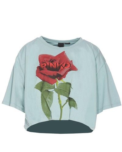 Pinko Rose Printed Cropped T-shirt - Blue