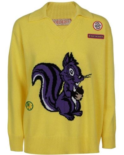 Cormio Emilio Squirrel Motif Intarsia Sweater - Yellow