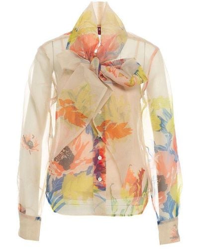 STAUD Maryn Floral Print Semi-sheer Blouse - White