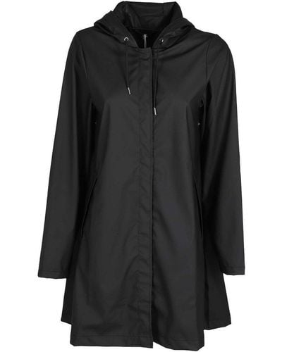 Rains Long Sleeved Drawstring Hooded Coat - Black