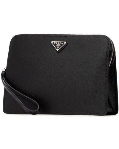 Prada Saffiano Logo Plaque Clutch Bag - Black