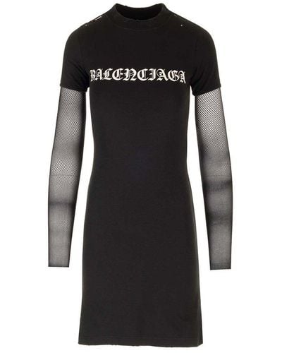 Balenciaga Logo Printed Mesh Minii Dress - Black