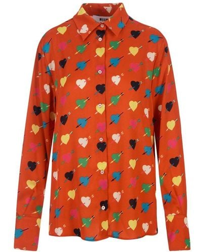 MSGM Shirt With "arrowed Heart Print" Motif - Orange