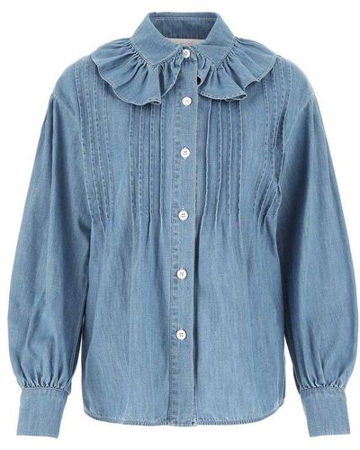 See By Chloé Ruffled Long-sleeved Denim Shirt - Blue