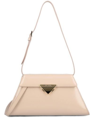 Prada Logo Triangle Medium Handbag - Natural