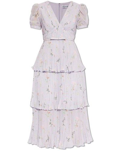 Self-Portrait Pleated Dress With Floral Motif, - White