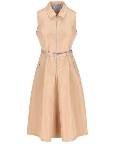 Prada Belted-waist Zipped Midi Dress - Natural