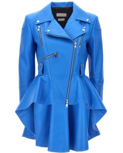 Alexander McQueen Peplum-hem Collared Leather Jacket - Blue