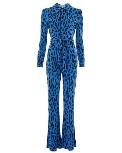 Diane von Furstenberg Milly Leopard-printed Tied Flared Jumpsuit - Blue