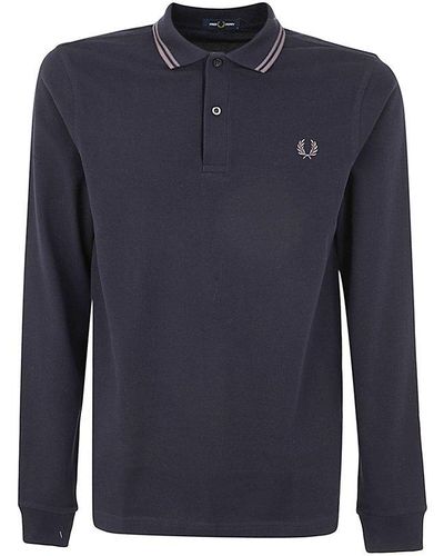 Fred Perry Logo Embroidered Long-sleeved Polo Shirt - Blue