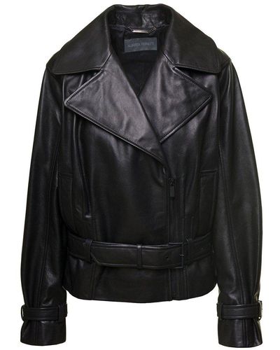 Alberta Ferretti Black Double-breasted Jacket With Matching Belt In Leather Woman