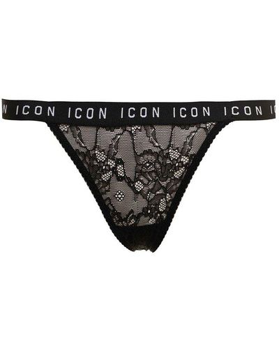 DSquared² D-squared2 Woman's Black Lace Thong Briefs With Logo Print