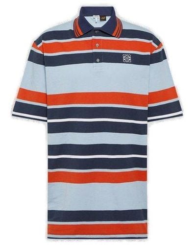 Loewe Logo Embroidered Striped Oversized Polo Shirt - Blue