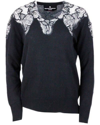 Ermanno Scervino Crewneck Jumper With Lace - Black