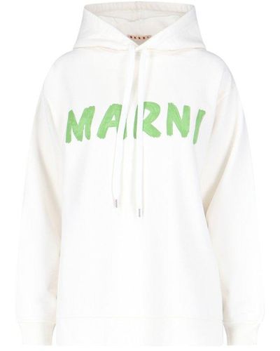 Marni Logo Printed Drawstring Hoodie - White