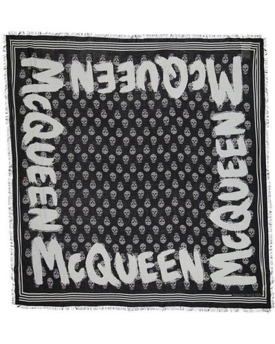 Alexander McQueen Logo Skull Printed Frayed-edge Scarf - Black