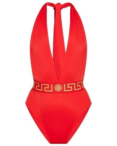 Versace Greca-trim Plunging V-neck Swimsuit - Red