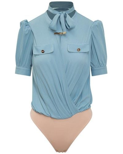 Elisabetta Franchi Pussy-bow Short Sleeved Wrap Bodysuit - Blue