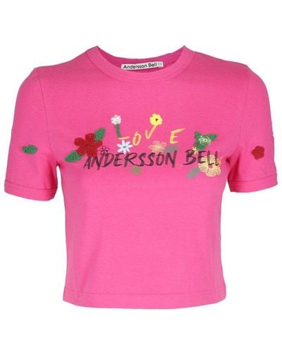 ANDERSSON BELL Embroidered Logo-printed Crewneck Cropped T-shirt - Pink
