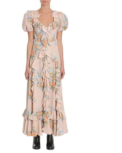 Alexander McQueen Floral Print Ruched Silk Dress - Natural