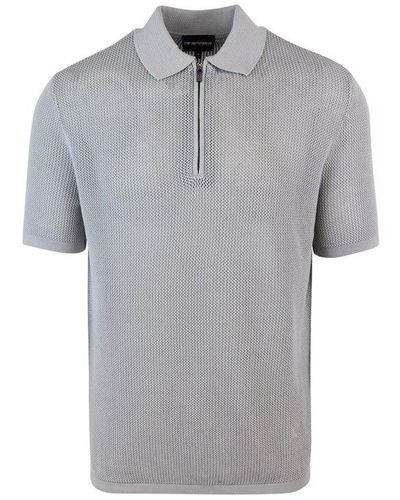 Emporio Armani Logo Embroidered Open-knit Polo Shirt - Grey