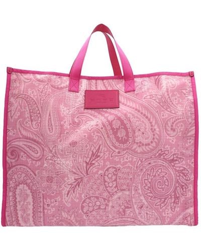 Etro Paisley Printed Logo Patch Tote Bag - Pink