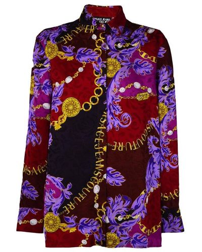 Versace Chain Couture-print Straight Hem Shirt - Purple