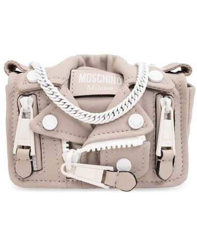 Moschino Biker Zip Detailed Crossbody Bag - White