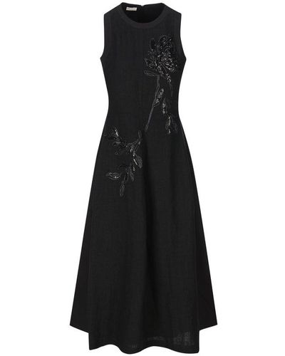 Brunello Cucinelli Floral-embellished Sleeveless Midi Dress - Black