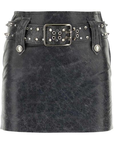 Alessandra Rich Spike Detailed Belted Leather Mini Skirt - Black