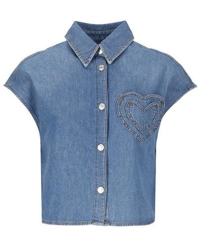 Moschino Heart Patch Washed Denim Shirt - Blue