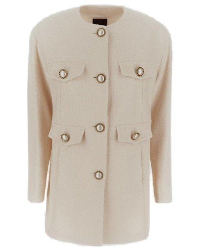 Pinko Single-breasted Embellished Button Coat - Natural