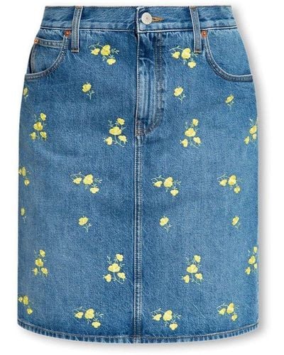 Gucci Floral-print Denim Skirt - Blue