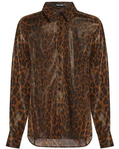 Tom Ford Leopard Printed Long-sleeved Shirt - Brown