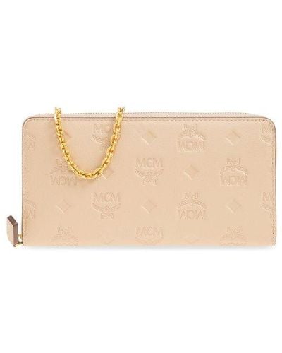 MCM Leather Wallet With Chain, - Natural