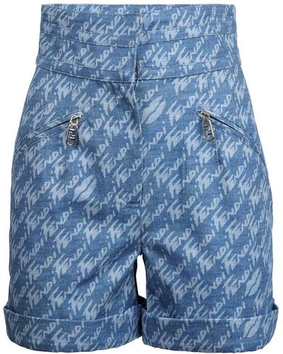 Fendi Allover Printed High Waist Denim Shorts - Blue