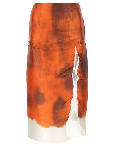 Prada Printed Satin Midi Skirt With Slit - Orange