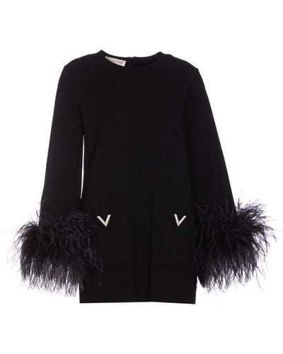 Valentino Feather-trim Mini Crewneck Long-sleeved Sweater - Black