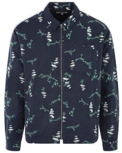 YMC Bowie Floral Printed Zipped Long-sleeved Shirt - Blue
