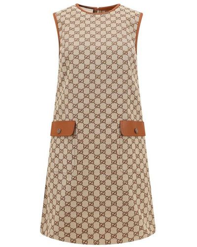 Gucci Monogram-pattern Sleeveless Cotton-blend Midi Dress - Brown