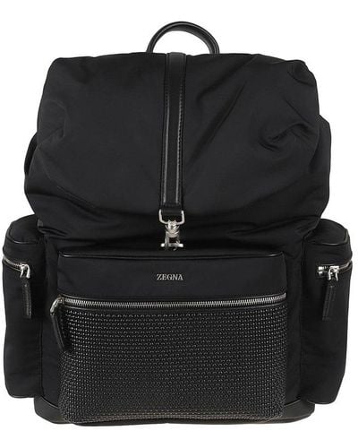 Zegna Logo Plaque Woven Panel Backpack - Black
